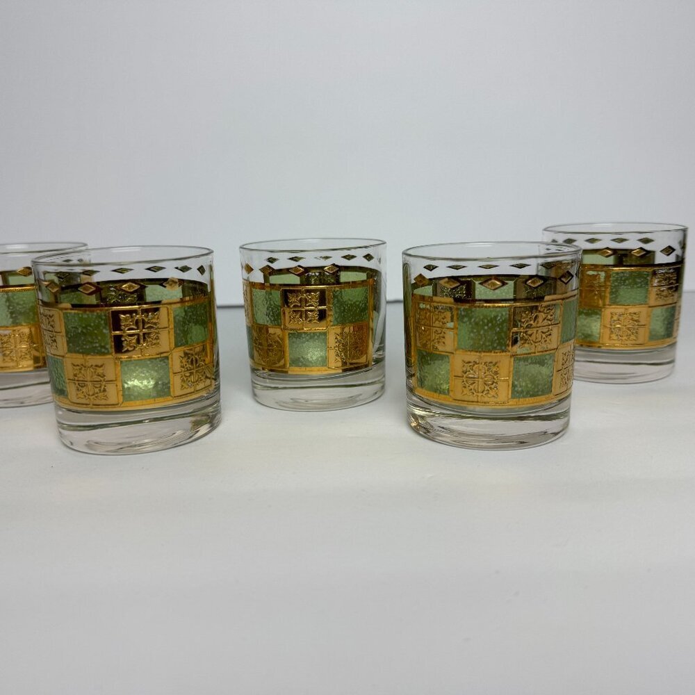 Vintage MCM CULVER PRADO Green & 22K Gold Low Ball Whiskey Glass Set 5 pc